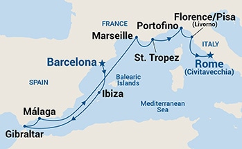 Map shows port stops for French, Spanish & Italian Rivieras. For more details, refer to the List of Port Stops table on this page.