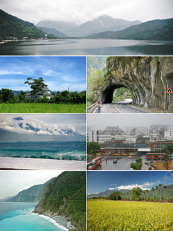 Top:Liyu Lake, Second left:A cigarette product house in Fenglin, Second right:Taroco Gorge in Cross Island Highway, Third left:Qixingtan Beach in Xincheng, Third right:Hualien Railroad Station, Bottom left:Cingshui Cliffs near Suhua Highway, Bottom right:A paddy field in Shoufeng, backyard in Central Mountain Range